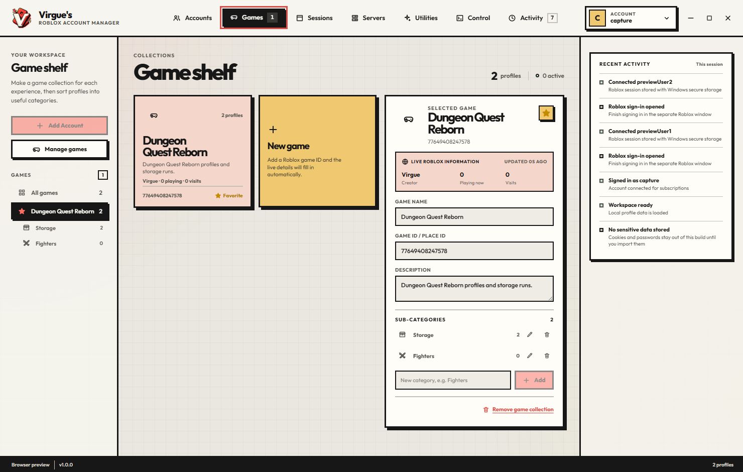 Game shelf view in Valdor | A Roblox Account Manager showing a game collection and categories