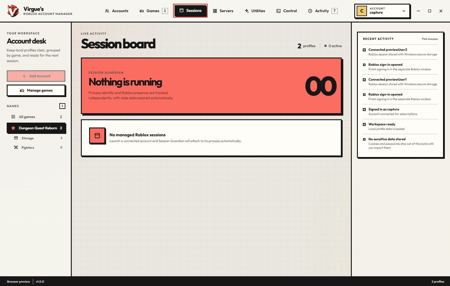 Session board view in Valdor | A Roblox Account Manager showing active Roblox sessions