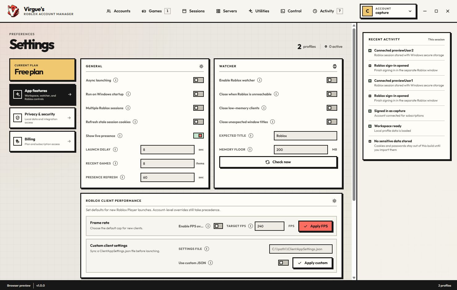 Settings view in Valdor | A Roblox Account Manager showing workspace controls